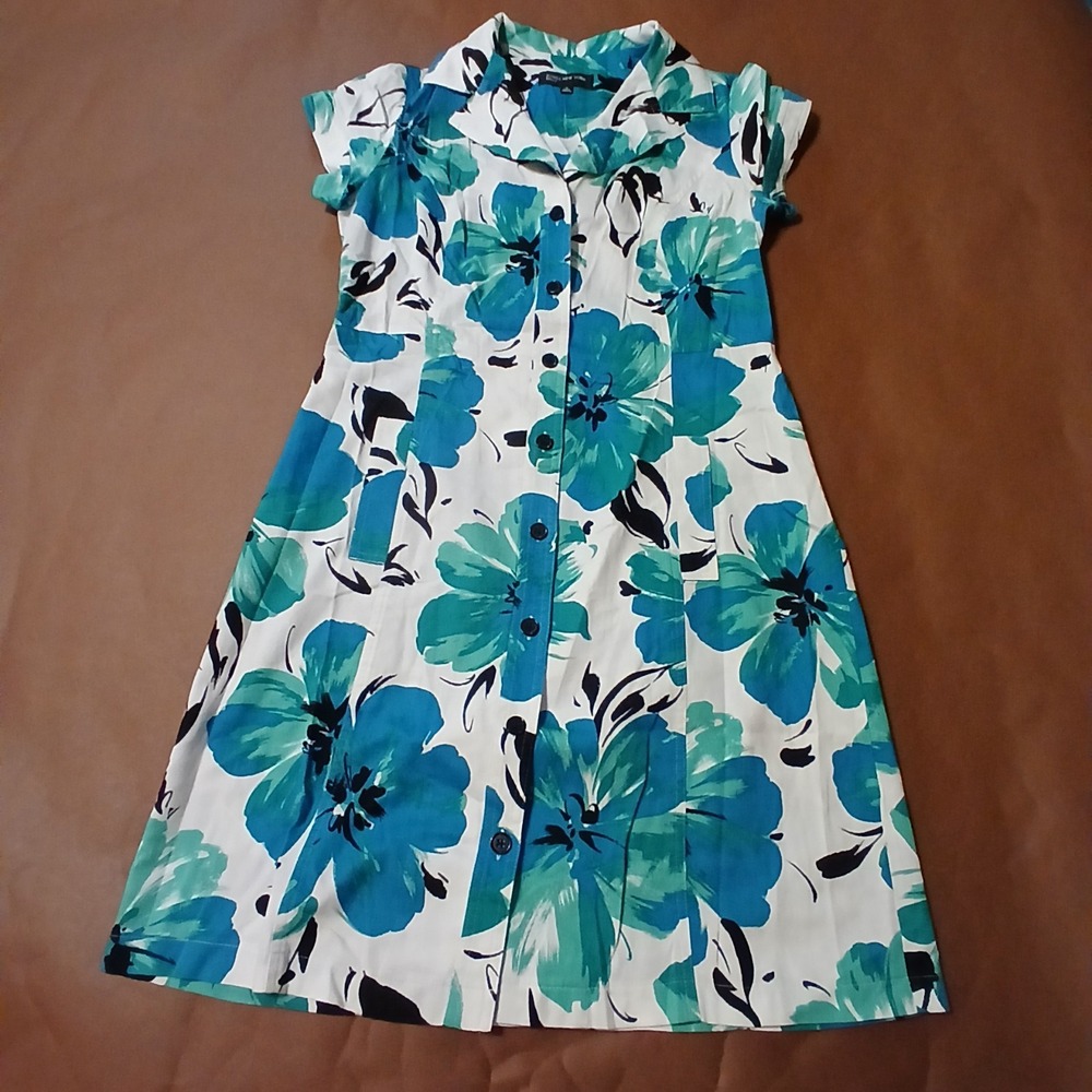 Jones New York Teal and White Floral Midi Dress Size 12 Buttons